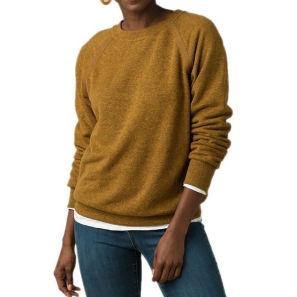 prAna Cozy Up Sweatshirt Ochre Hemp Blend Pullover Pleated Sz M Outdoor Active